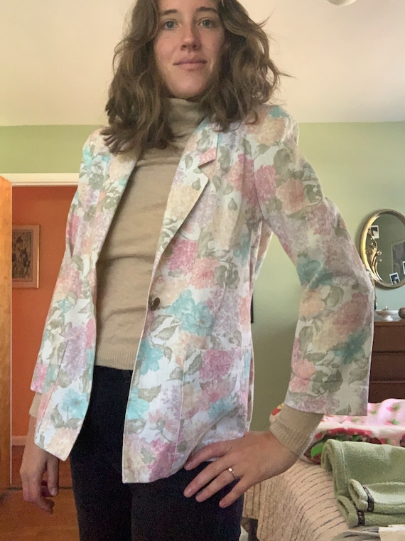 Vintage 80s Floral Linen Pastel Blazer