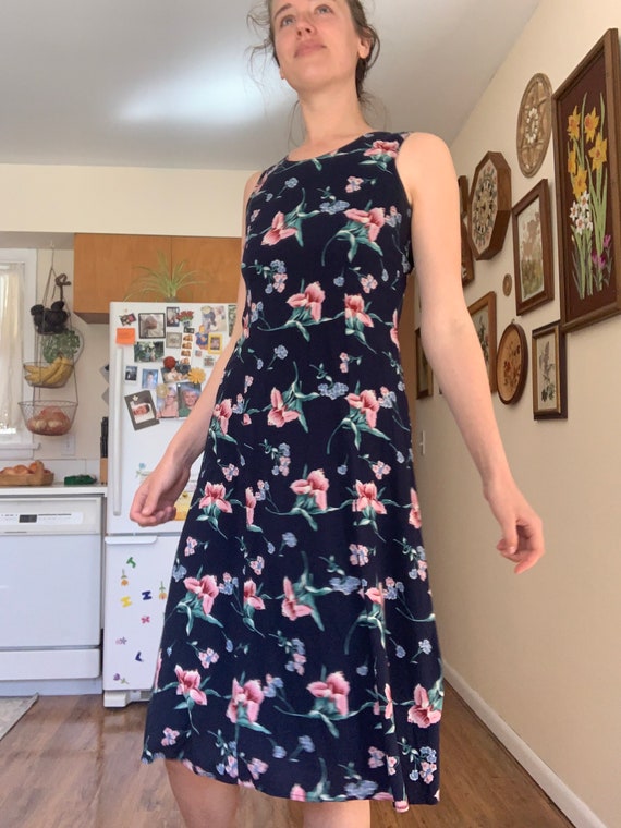 Vintage 90s Navy Blue Floral Midi Dress