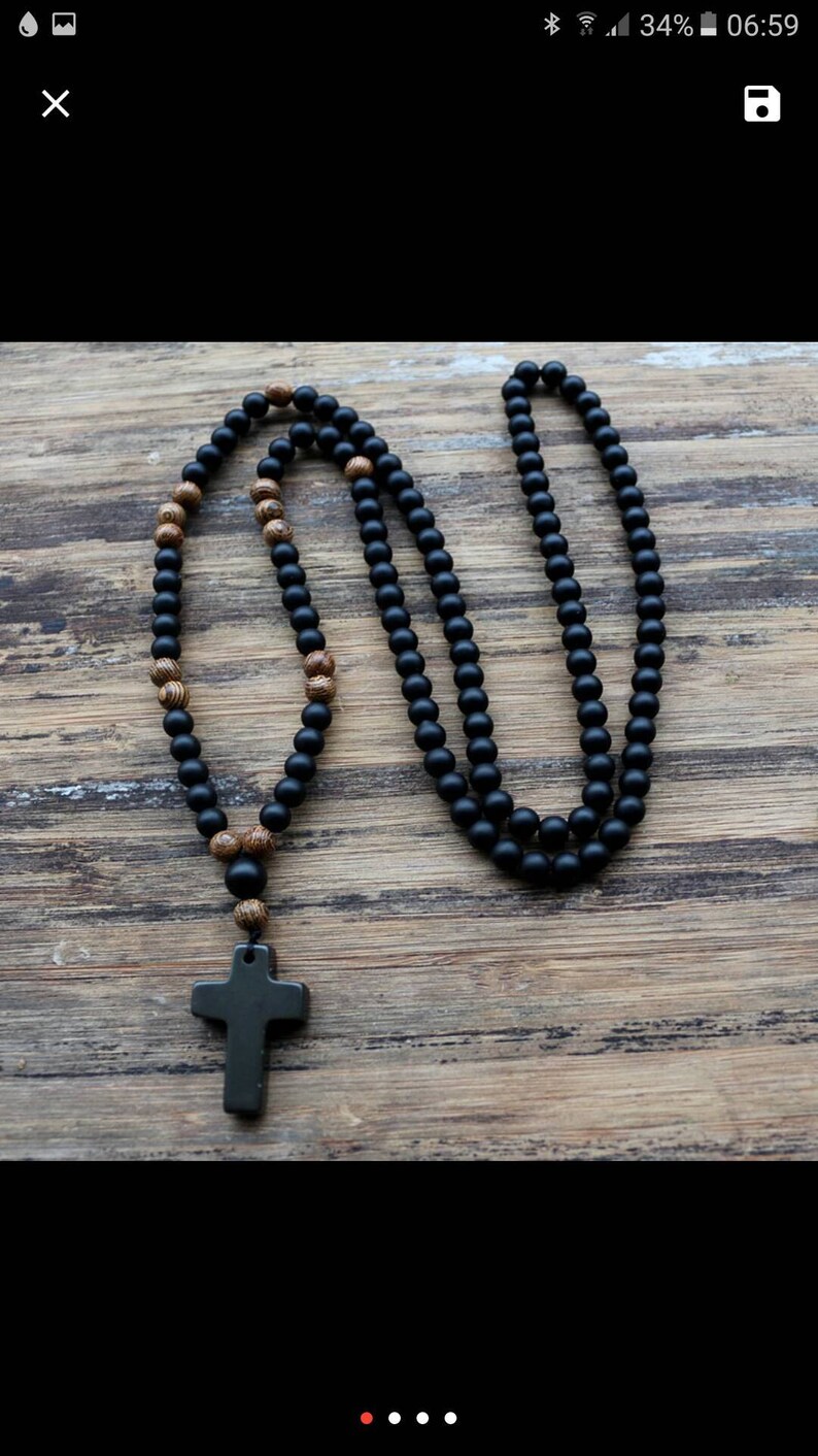 Details about / Mens Rosary Necklace 6mm Black stone Wood Beads with Cross Pendant Jewelry Mala