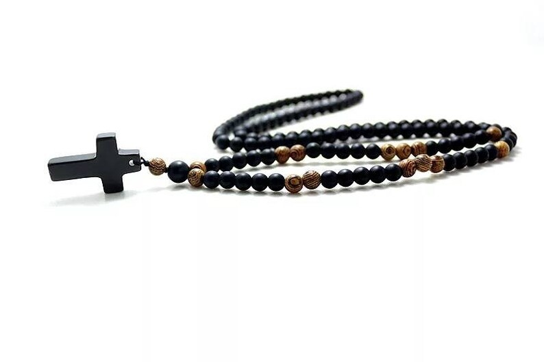 Details about / Mens Rosary Necklace 6mm Black stone Wood Beads with Cross Pendant Jewelry Mala