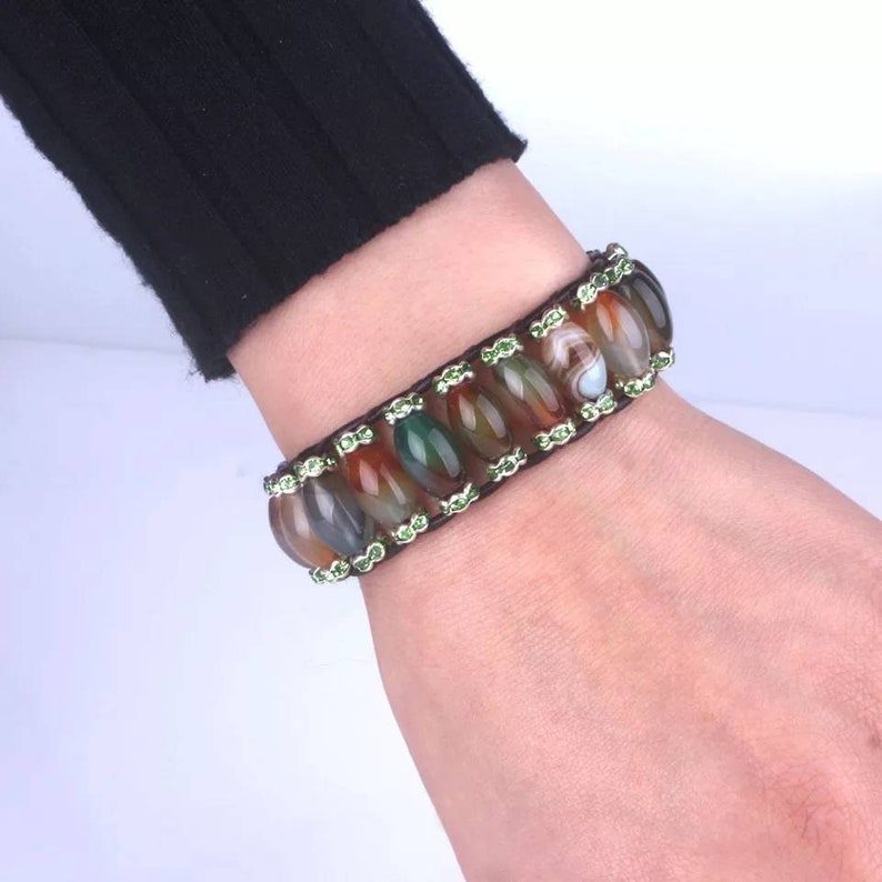 Unique Peahen Onyx With Rhinestone Natural Single Leather Wrap Etsy