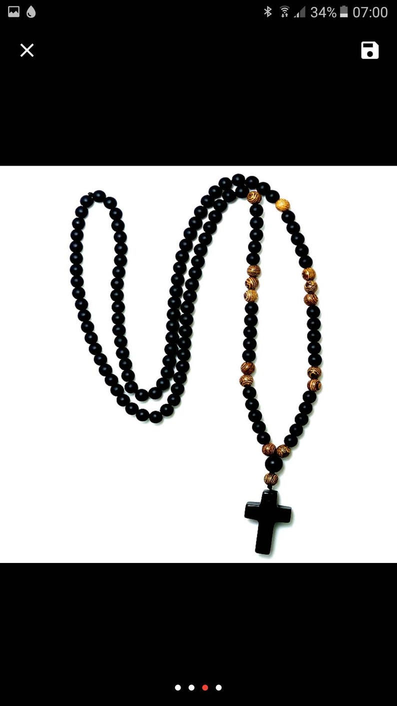 Details about / Mens Rosary Necklace 6mm Black stone Wood Beads with Cross Pendant Jewelry Mala