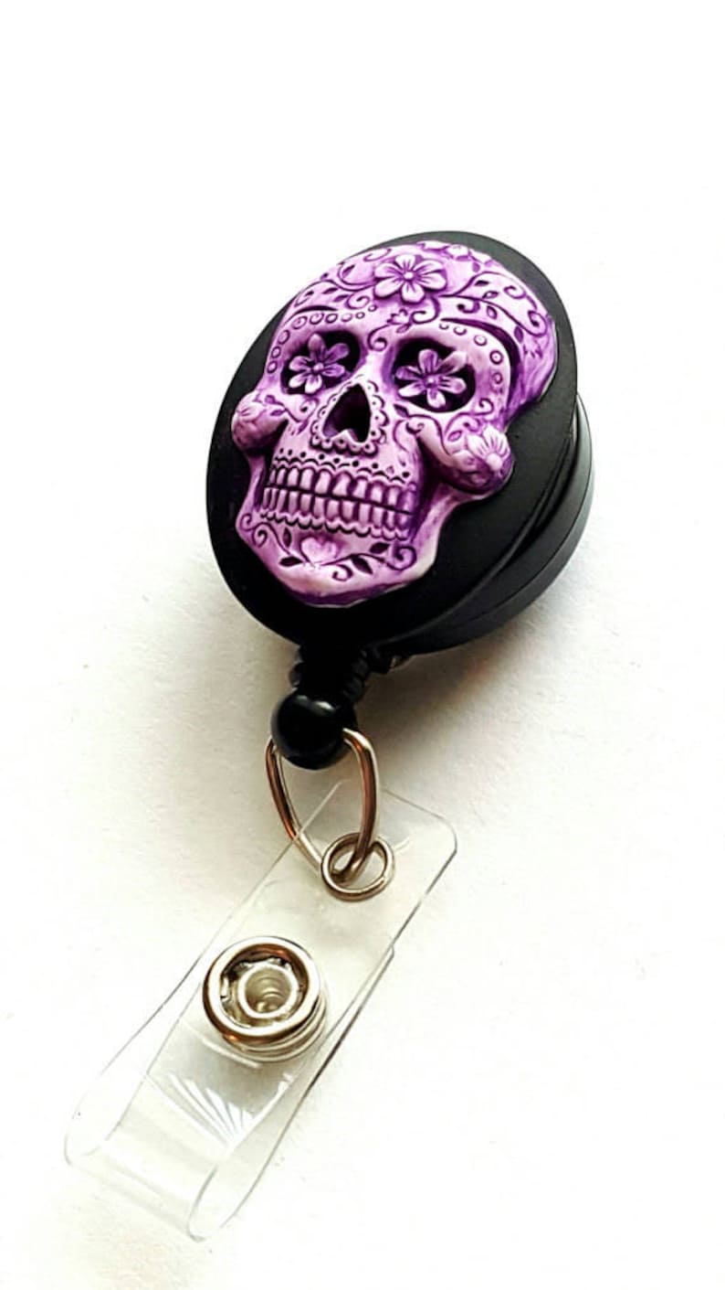 Black pink Painted Neon Sugar Skull Badge Holder Retractable ID Card Lanyard