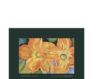 Squash Blumen, Georgia O'Keeffe, Druck, von Hand bestickt Original, auf Leinwand, 11 x 15