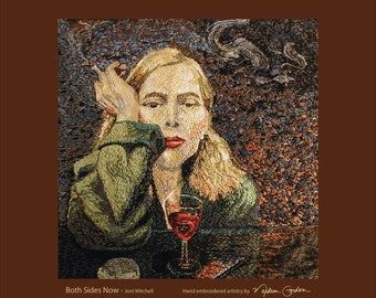 Joni Mitchell, Both Sides Now, album cover, print, of hand embroidered original, on canvas, 13"x13"