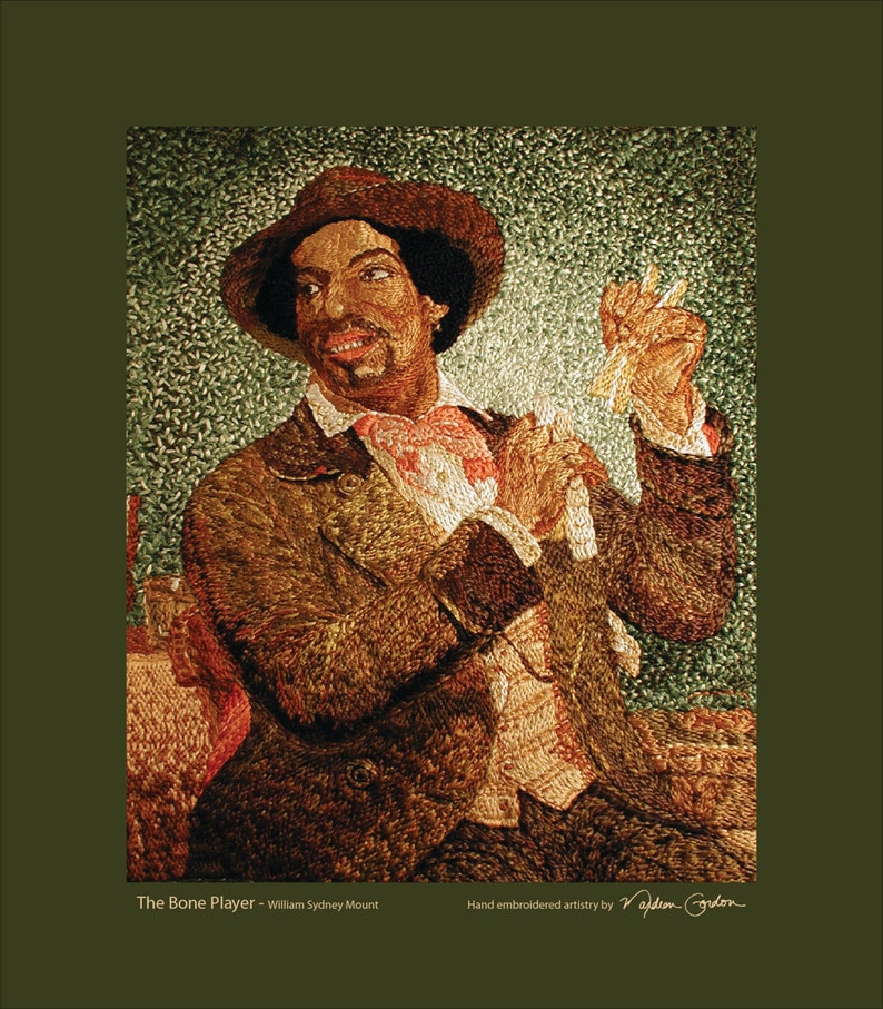 The Bones Player, William Sydney Mount, print, of hand embroidered original, on canvas, 16x14 image 1