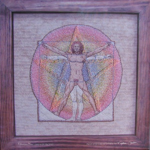Vitruvian Man, Da Vinci, print, on canvas, star hand embroidered, 15x15 image 1