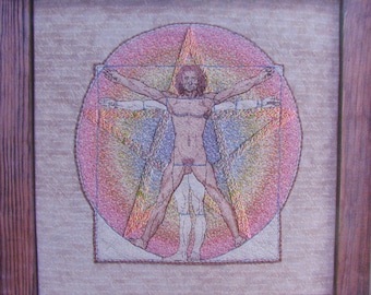 Vitruvian Mann, Da Vinci, Druck, auf Leinwand, Stern handbestickt, 15 x 15