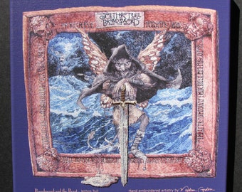 Espada ancha y la bestia, Jethro Tull, portada del álbum, impresión, sobre lienzo, espada y charco bordados a mano, 12x13