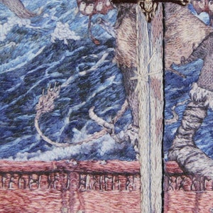 Broadsword and the Beast, Jethro Tull, album cover, print, on canvas, hand embroidered sword and puddle, 12x13 image 2