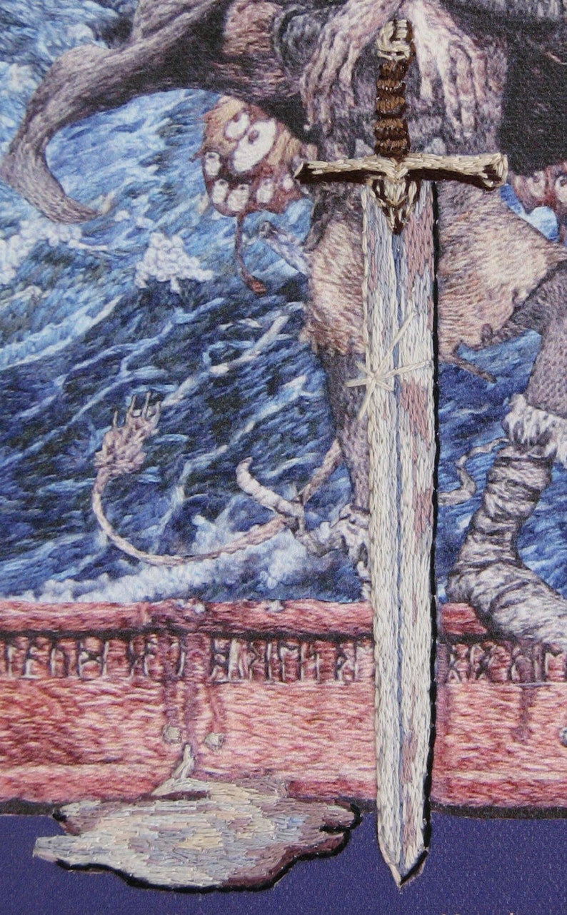 Broadsword and the Beast, Jethro Tull, album cover, print, on canvas, hand embroidered sword and puddle, 12x13 image 2