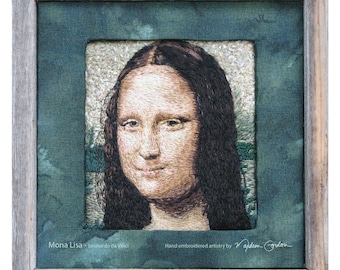 Mona Lisa, Leonardo da Vinci, print, of hand embroidered original, on canvas, 11x11