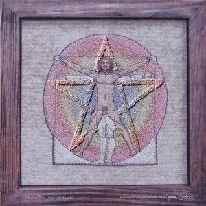 Vitruvian Man, Da Vinci, print, on canvas, star hand embroidered, 15x15 image 2