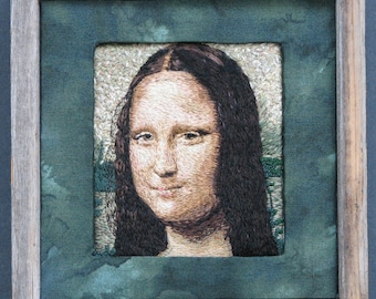 Monna Lisa, ricamata a mano, originale, in cornice di legno, 11x11