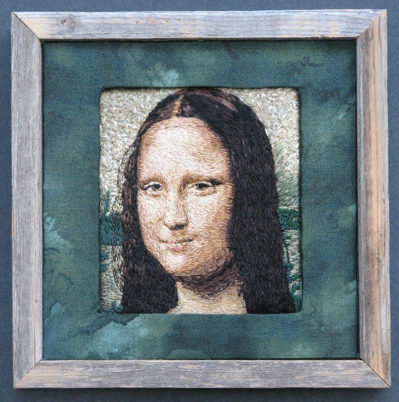 Mona Lisa, hand embroidered, original, in wooden frame, 11x11 image 1