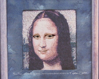 Mona Lisa, Da Vinci, Druck, auf Leinwand, Augen und Lippen von Hand bestickt, 11 x 11