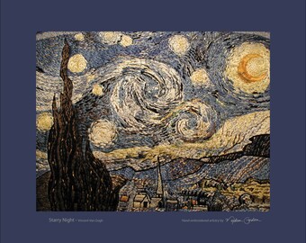 Notte stellata, Vincent Van Gogh, stampa, di originale ricamato a mano, su tela, 14x17