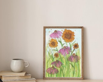 Wildflowers in Field - 8x10 Watercolor print (frame not included)