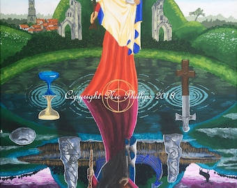 May include: A painting depicting a woman in a red and white robe holding a child. The woman is standing on a hill with a town in the background. The painting is divided in half by a body of water, with the bottom half showing a woman in a dark robe with a staff and a deer skull. The text "Copyright Nic Phillips 2018" is visible in the painting.