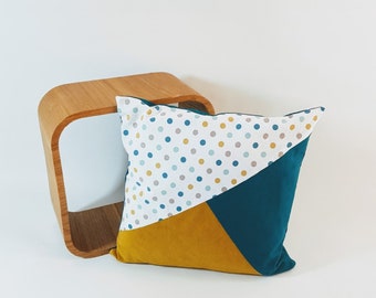 Square  cushion, in printed cotton fabric ,ochre and petrol color , "retro"theme, hand-made in France.