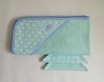 Cape de bain, sortie de bain bébé mixte en éponge aqua et imprimé étoiles en jersey, ces 2 lingettes assorties, 6/12 mois, thème "Summer"