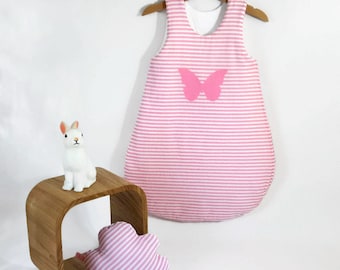 Winter baby sleeper for girl with cloud cuddly toy in cotton pink with white stripes- 0/6 month-hand made -Oeko-tex norm- made in France-bio