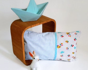 Removable rectangular cushion for baby's room, in striped cotton light bleu & white and printed fabric, "Summery"theme, hand-made in France.