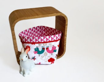 Reversible storage basket, pouch, for baby's rooms decoration,  in printed cotton ochre and white, hand-made in France,