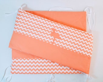 Bumper bi-color cotton coral and coral and white zig - zag print, flamingos pink bed 120 cm X 60 cm