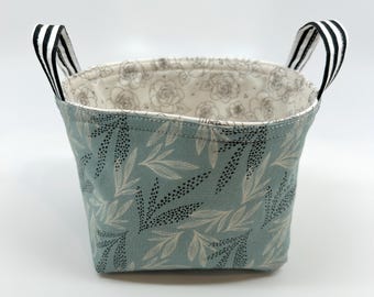 Small Fabric Storage Basket with Handles – Blue Green Botanical Organizer Bin, Handmade Shelf or Desk Storage, Modern Cottage Decor
