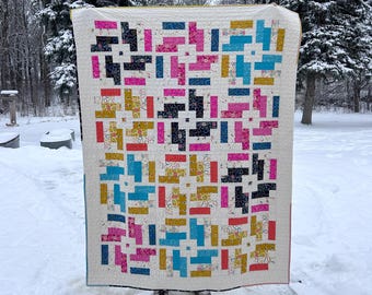 Modern Patchwork Quilt – Handmade Colorful Throw Quilt, Contemporary Quilted Blanket, Bright Geometric Quilt, One of a Kind