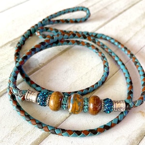 Kangaroo Leather Turquoise, Chocolate, Whisky Dog Show Lead, Loop End