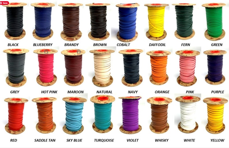 May include: A collection of 24 spools of leather cord in various colors, including black, blue, brown, green, grey, pink, purple, red, tan, white, and yellow. Each spool is labeled with the color name.