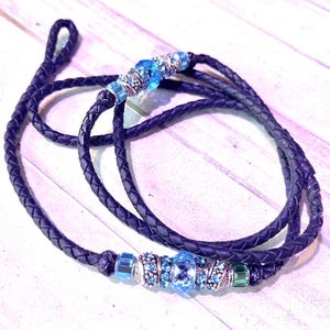 May include: A black leather braided dog leash with a blue crystal accent. The leash is approximately 4 feet long and has a loop at one end for attaching to a collar.