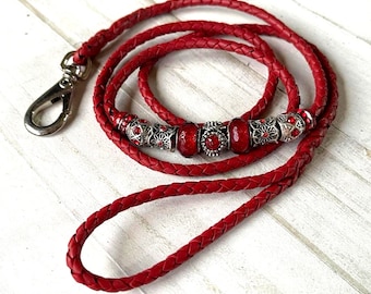 Kangaroo Leather Red & Red Beads Dog Show Lead