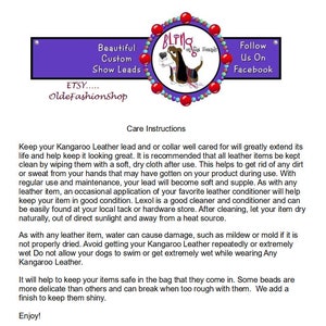 May include: Care instructions for Kangaroo Leather dog collars and leads. The text explains how to clean and care for the leather to keep it looking its best. It also mentions that water can damage the leather and that beads can be delicate.