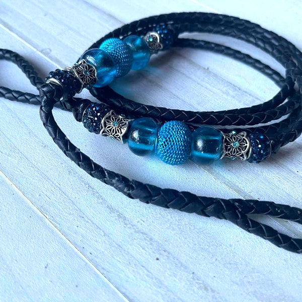 Kangaroo Leather Black with Turquoise beads, Dog Show Lead