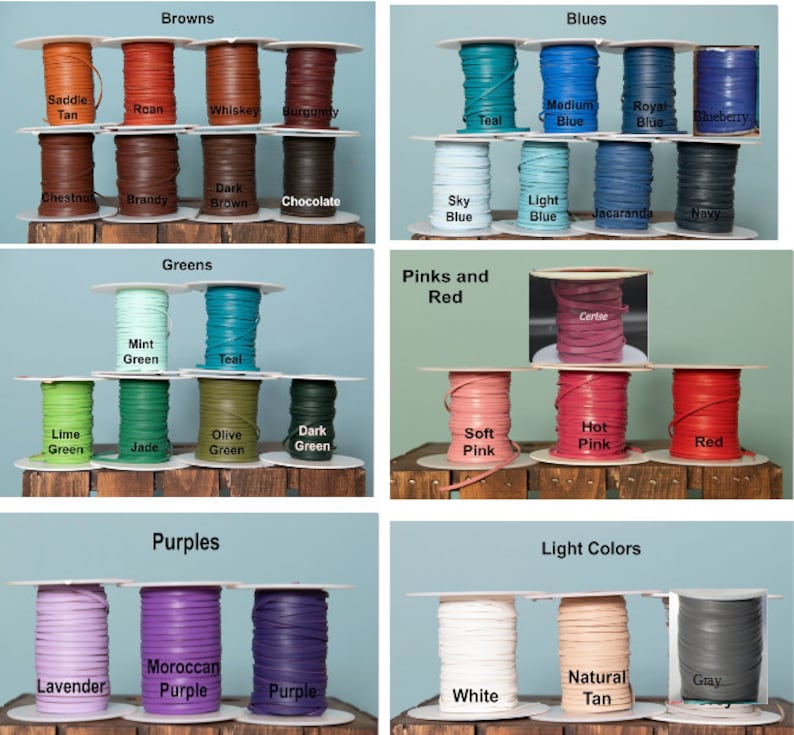 May include: A collection of leather cord spools in various colors, including browns, blues, greens, pinks and reds, purples, and light colors. Each spool is labeled with the color name.