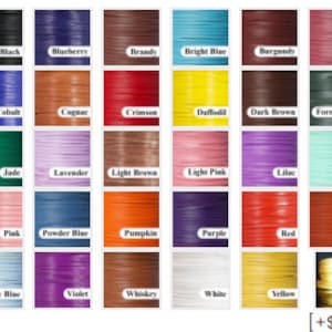 May include: A color chart of 48 different leather cord colors. The colors are arranged in rows of 8. The colors include amethyst, aqua, black, blueberry, brandy, bright blue, burgundy, cerise, charcoal, chestnut, chocolate, classic tan, cobalt, cognac, crimson, daffodil, dark brown, forest green, goldenrod, green, grey, hot pink, jade, lavender, light brown, light pink, lilac, mint, natural, navy, ochre, olive green, pink, powder blue, pumpkin, purple, red, roan, rose, royal blue, saddle tan, salmon, sky blue, violet, whiskey, white, yellow, white gold, and aqua blue.