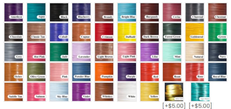 May include: A color chart of 48 different leather cord colors. The colors are arranged in rows of 8. The colors include amethyst, aqua, black, blueberry, brandy, bright blue, burgundy, cerise, charcoal, chestnut, chocolate, classic tan, cobalt, cognac, crimson, daffodil, dark brown, forest green, goldenrod, green, grey, hot pink, jade, lavender, light brown, light pink, lilac, mint, natural, navy, ochre, olive green, pink, powder blue, pumpkin, purple, red, roan, rose, royal blue, saddle tan, salmon, sky blue, violet, whiskey, white, yellow, white gold, and aqua blue.