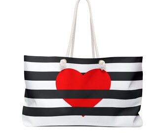 Black and white striped ,Red Heart tote bag