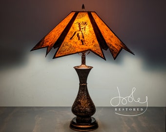 19th Century Mamluk Revival Brass Vase Lamp with Sawtooth Mica Shade featuring 1920s Japanese Matchbox Art