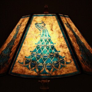 May include: A lampshade with a peacock design in shades of blue and green on a beige background.