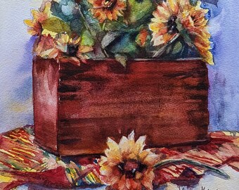 Original hand made watercolor sunflower painting in a wood box planter