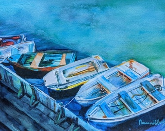 Boats in water on a dock watercolor painting original artwork summer