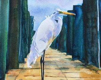 Heron on a pier, tropical bird by water original artwork watercolor painting