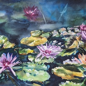 Water Lilies 14&quot;x20&quot; original hand painted watercolor of delicate water lilies and lily pads