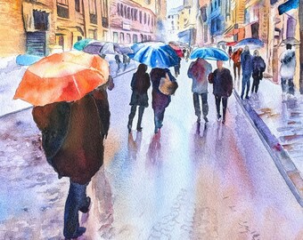 Original Watercolor Painting: Rainy Florence Street Scene with Umbrellas