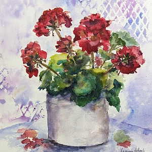 May include: Watercolor painting of a bouquet of red geraniums in a white pot. The flowers are in full bloom and the leaves are a vibrant green. The background is a soft blue and purple.