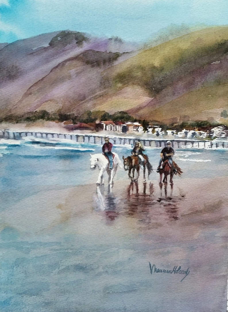 Pismo Beach , horses on beach watercolor painting, original artwork ,Fathers Day gift image 1